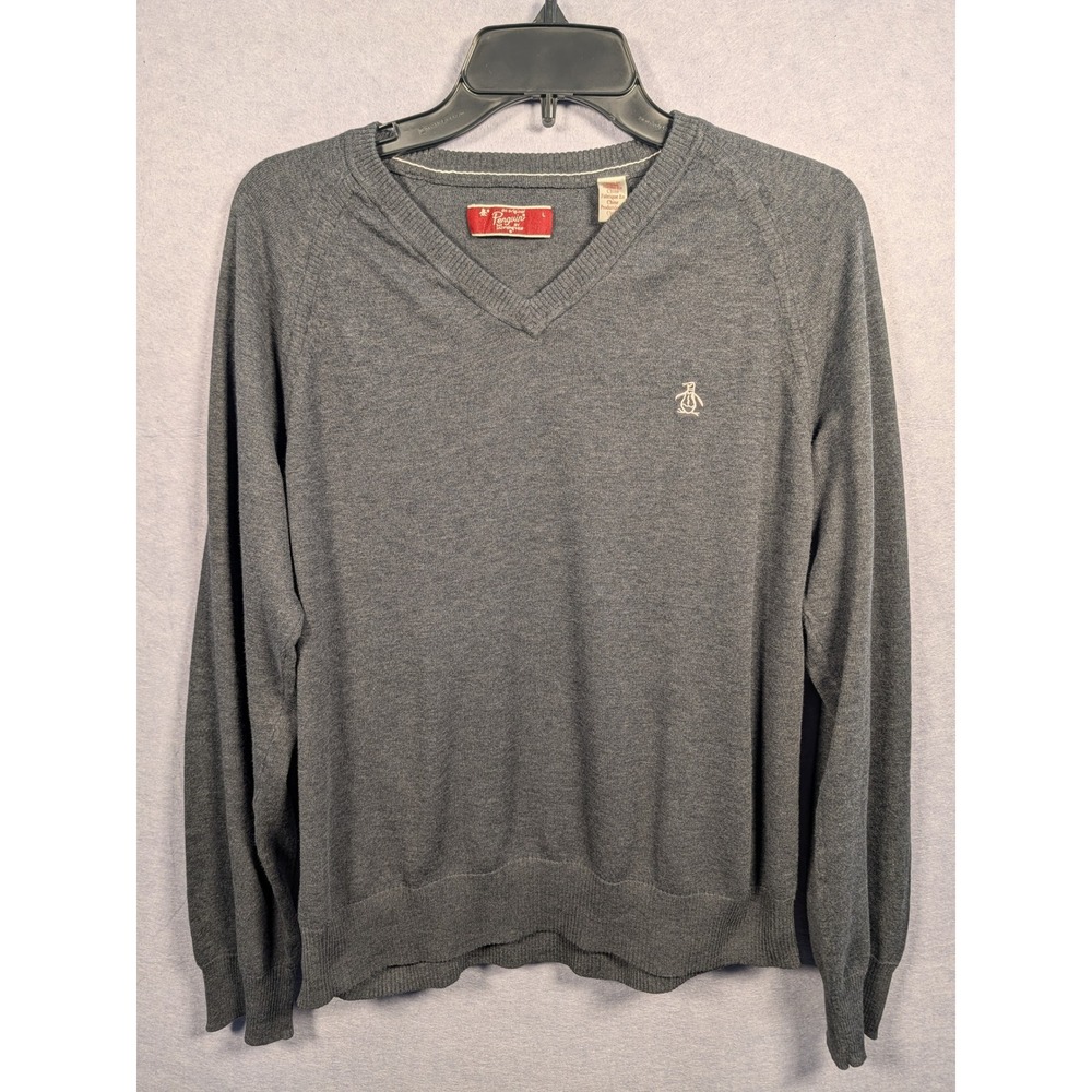 Original Penguin V-Neck Sweater Mens Large Grey Raglan Logo Pullover‎ Excellent